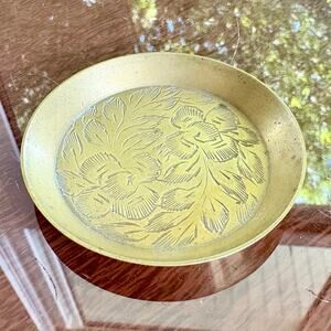 Vintage India Brass Etched Floral Catchall Dish, 2.75”
